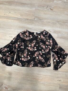 Floral Bell-Sleeve Blouse in Black and Pink